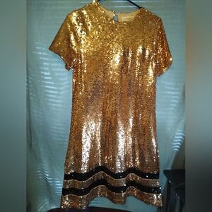 Vanilla Bay Gold Sequin Party Dress with Black Stripes